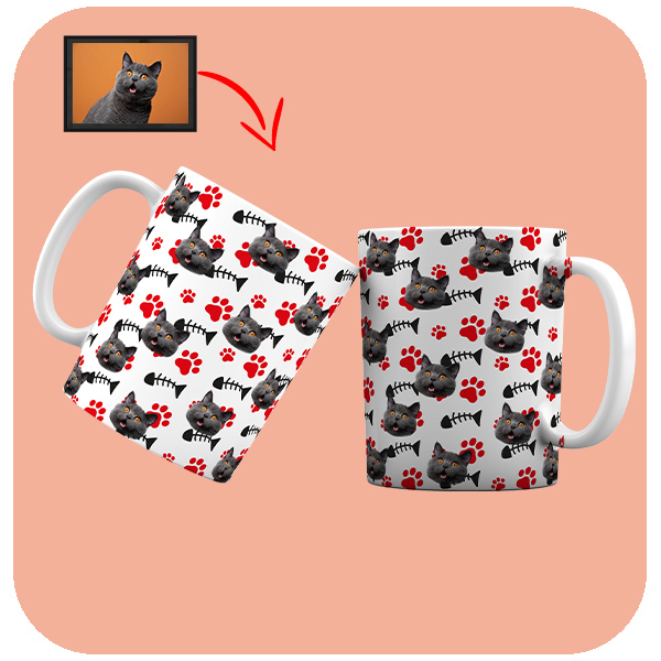 Kubek z Twoim kotem i wzorem rybek oraz kolorowych łapek