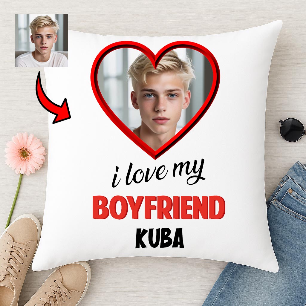 Poduszka I Love My Boyfriend z imieniem i zdjęciem